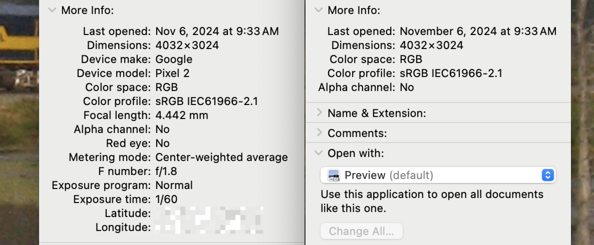 A screenshot comparing the metadata of two files. The first has information about the device and even the GPS coordinates.