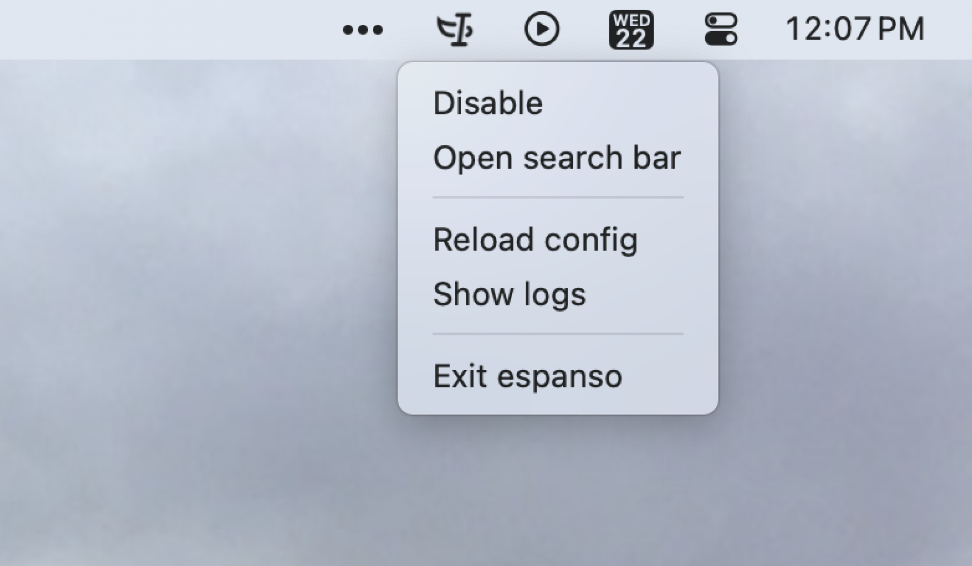 The menu bar icon for Espanso, which allow you to disable the application, open the search bar, reload the config, show the logs, or exits the app. 