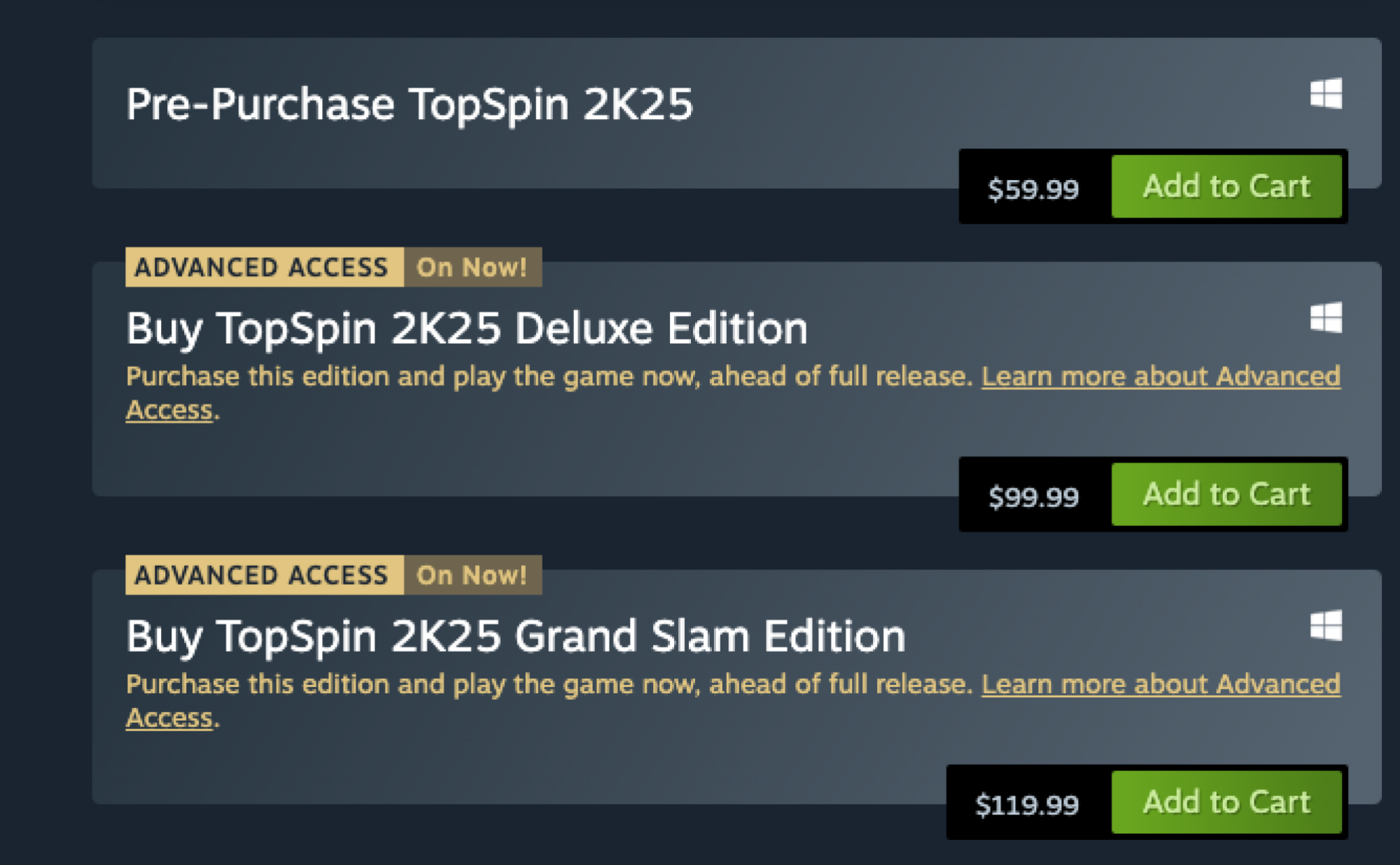 Steam Store page for TopSpin 2K25