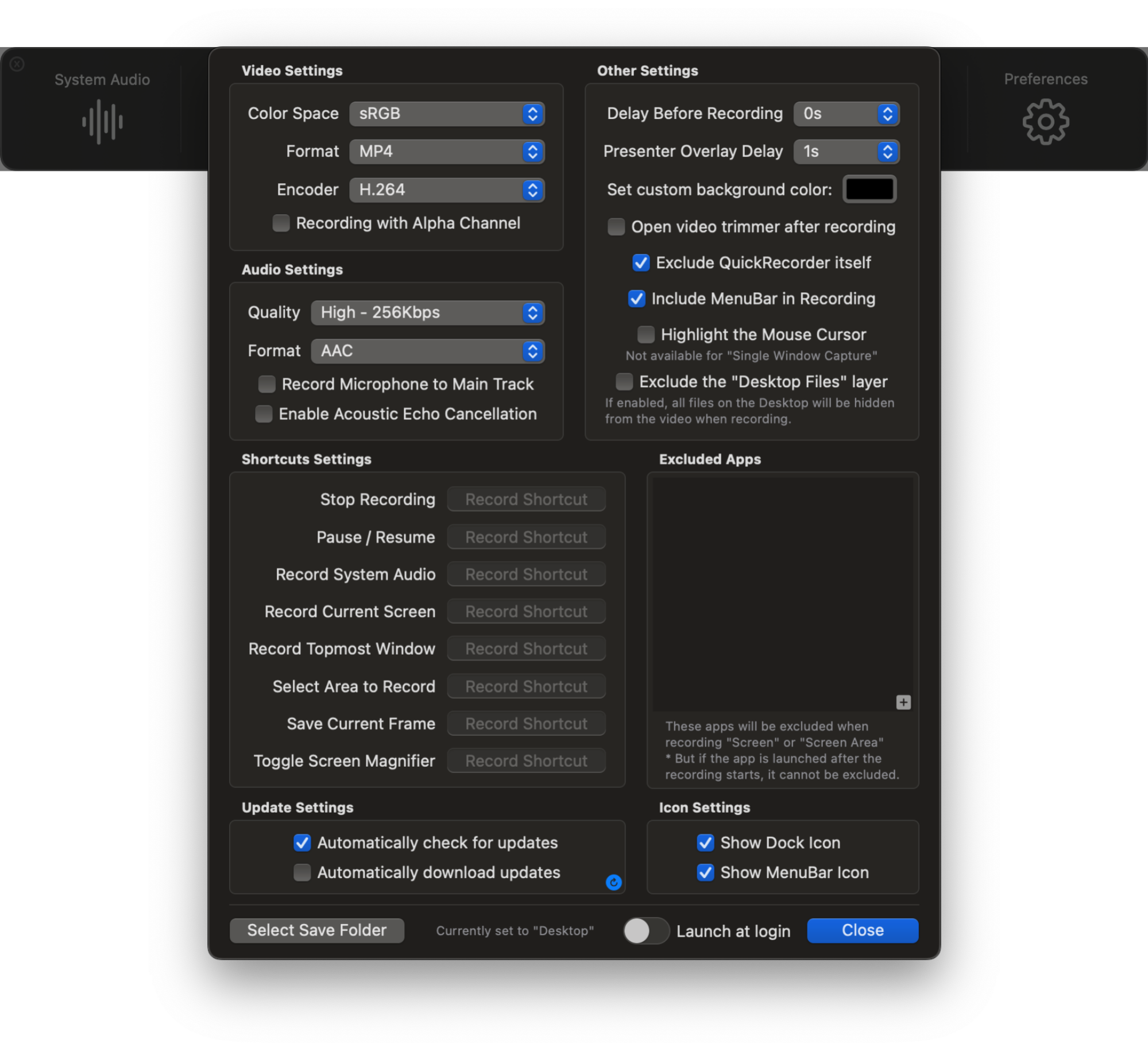 A screenshot of QuickRecorder's settings.