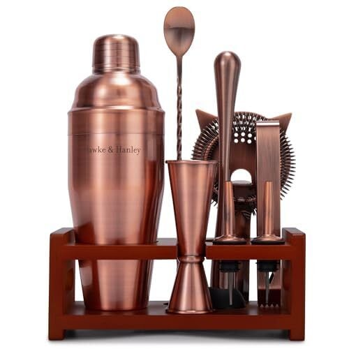 Hawke & Hanley Premium Cocktail Shaker Set Bartender Kit - 10 Piece Brushed Copper Mixology Bar Set with a 24 oz Martini Shaker, Bar Tools and a Bamboo Stand - Housewarming Gift Ideas for New Home