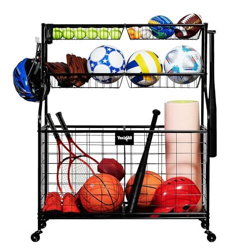 Yes4All Garage Sports Equipment Organizer, Garage Ball Storage, Rolling Ball Storage for Indoor/Outdoor Use, Steel, Black