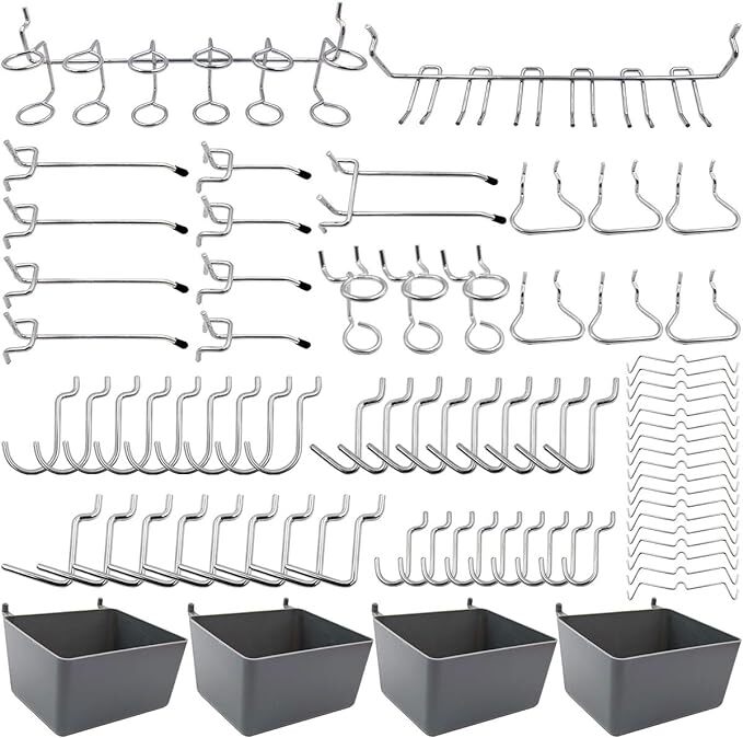 FRIMOONY Pegboard Hooks Assortment with Pegboard Bins, Peg Locks, for Organizing Various Tools, 80 Piece