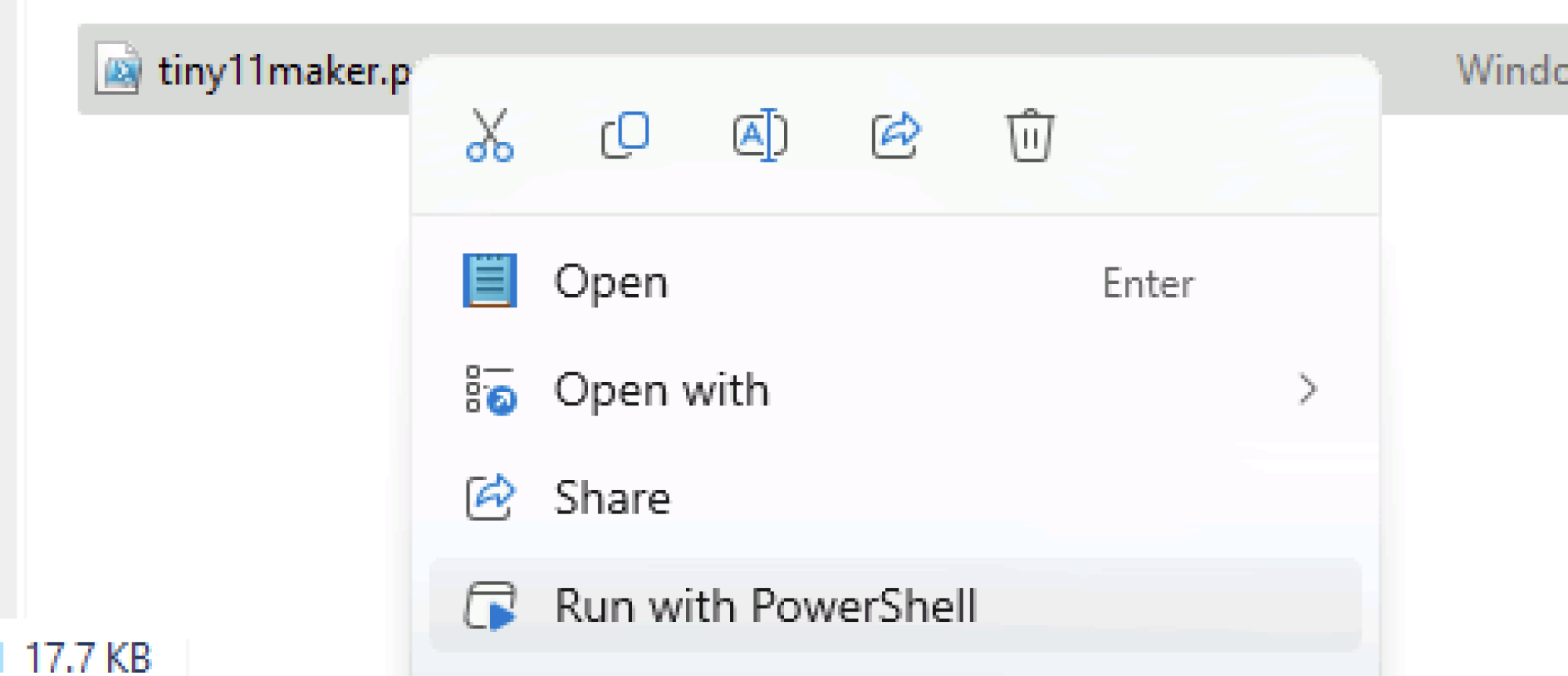 The script tiny11maker.ps1 is right-clicked. The user is about to click Run with PowerShell