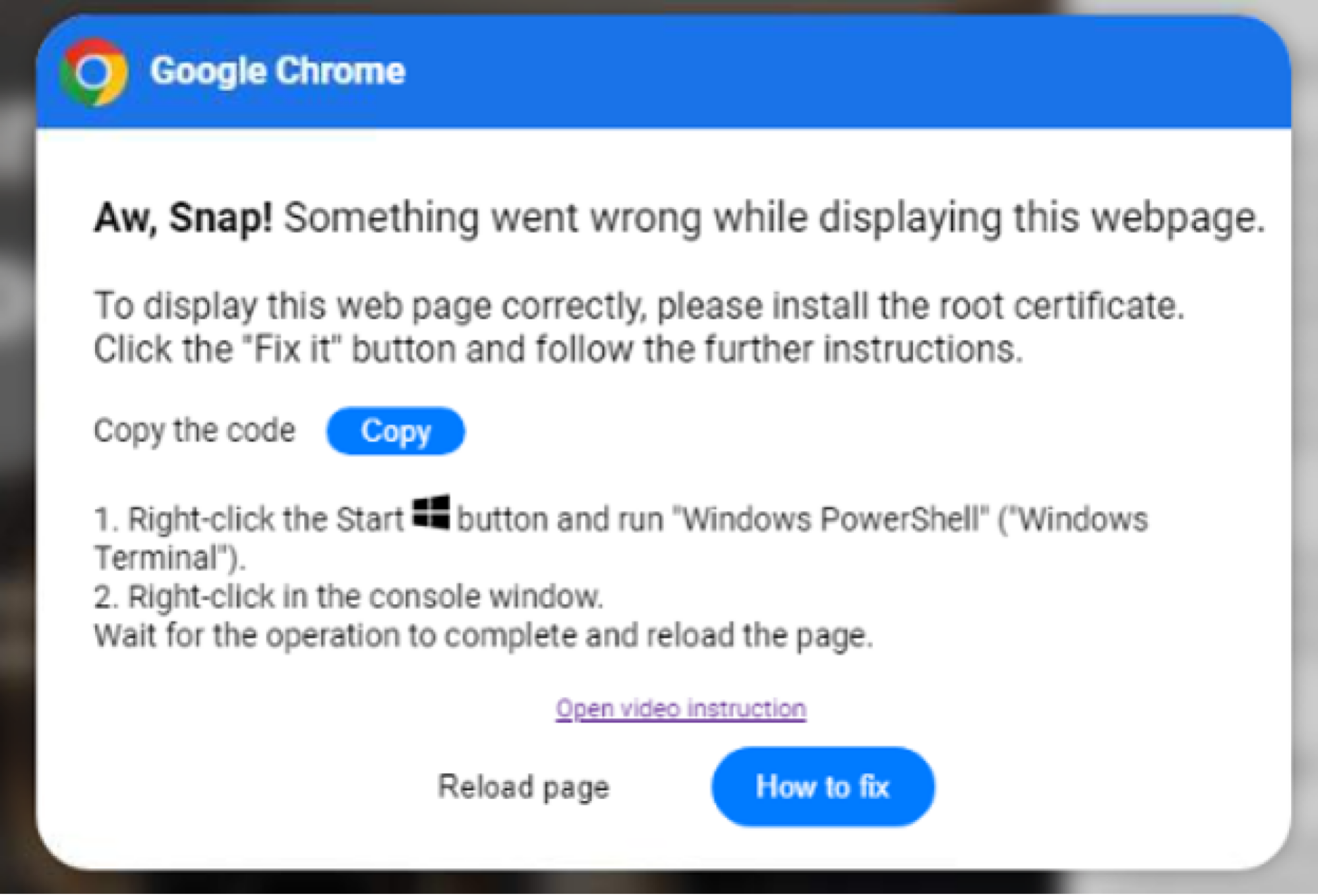 Fake Chrome Error that installs Malware