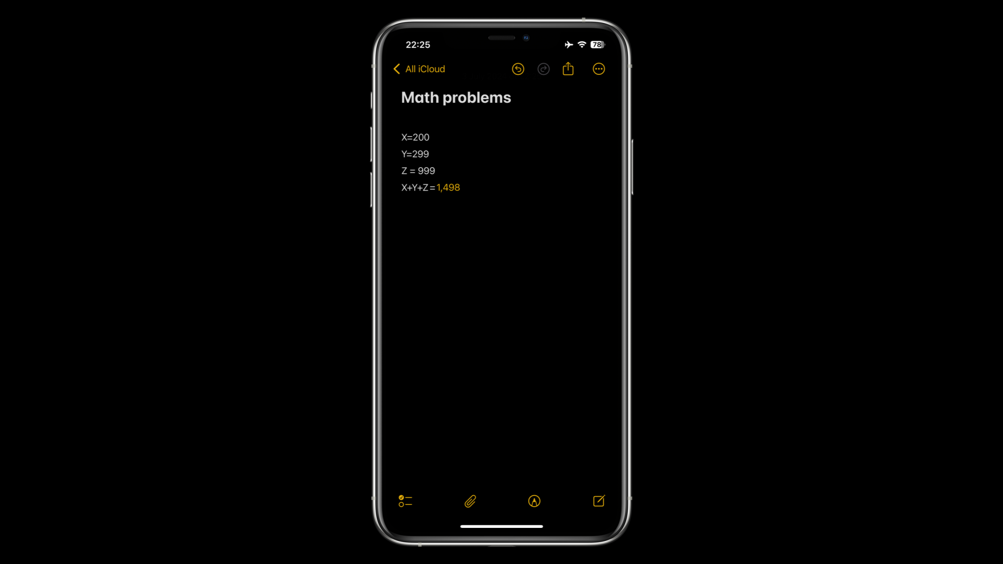 A screenshot of the Notes app, showing a math problem being solved.