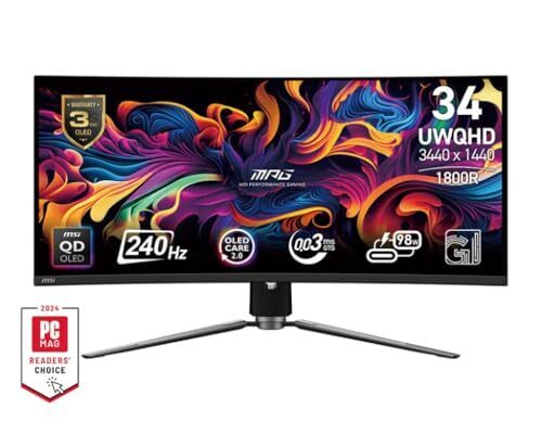 MSI MPG 341CQPX QD-OLED 34-inch Curved OLED Gaming Monitor, 3440 x 1440 (UWQHD), 0.03ms Response time, 240Hz, True Black HDR 400, HDMI, DP Port, USB Type C, Tilt, Height Adjustable