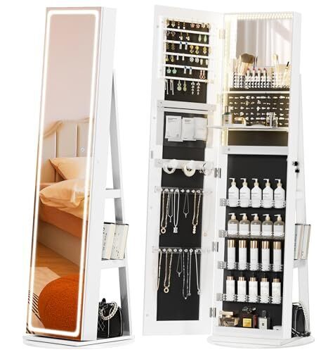 TJYGO LED Mirror Jewelry Cabinet Standing, with Full-Length Mirror and Adjustable LED Lights, Lockable Jewelry Armoire, 360° Swivel Jewelry Storage