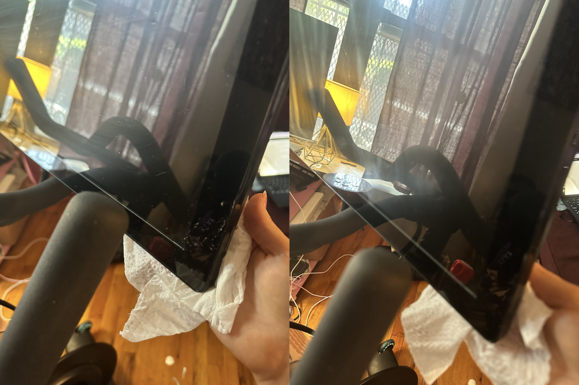 Before and after cleaning Peloton screen