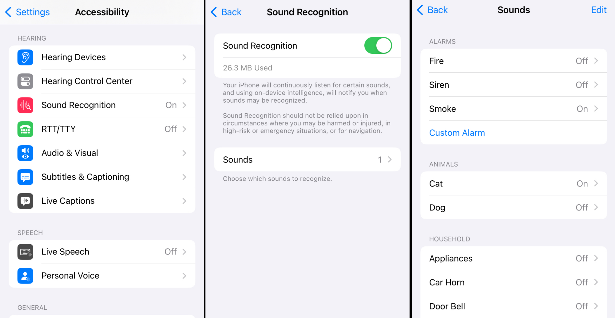 Three screenshots showing how to navigate to Sound Recognition in the System Settings and a bit of the list of supported sounds.