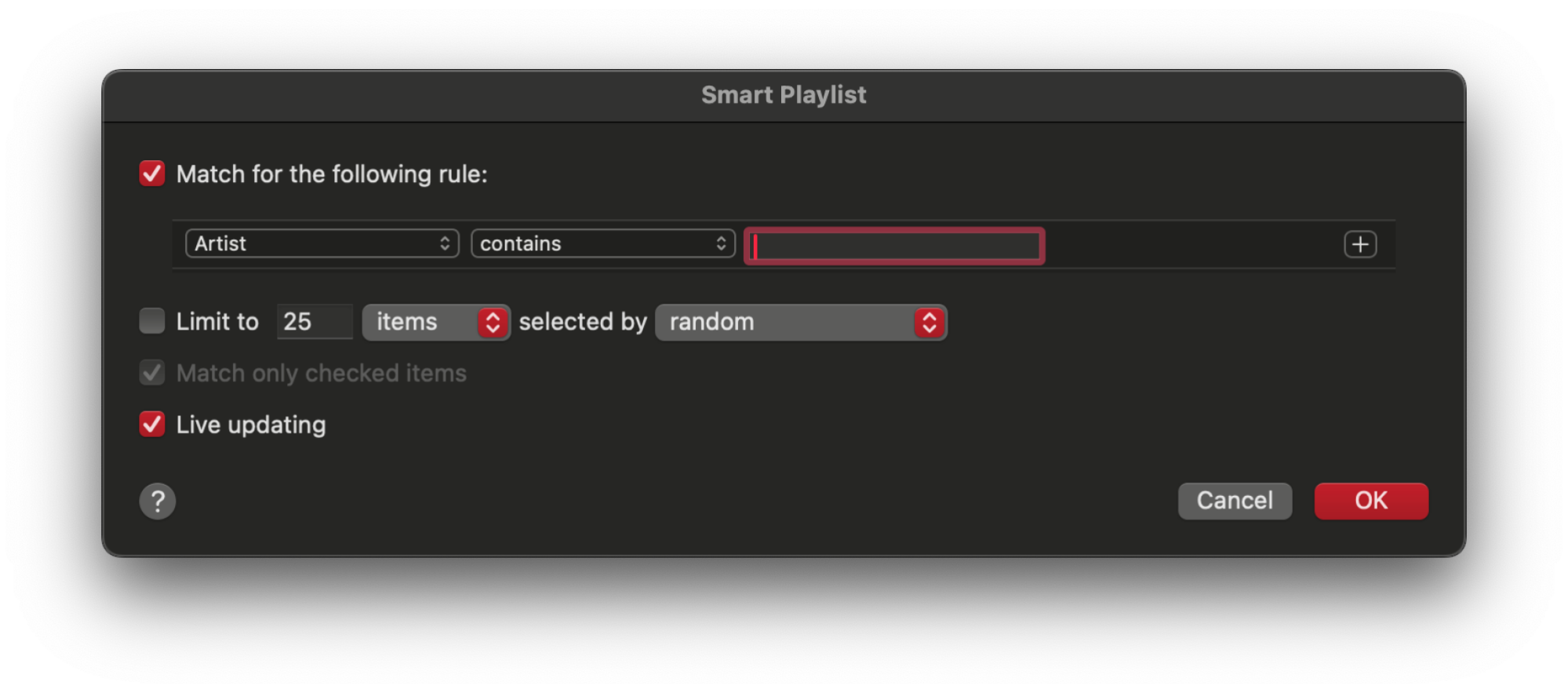 A screenshot of the smart playlist creation window in Apple Music on a Mac.