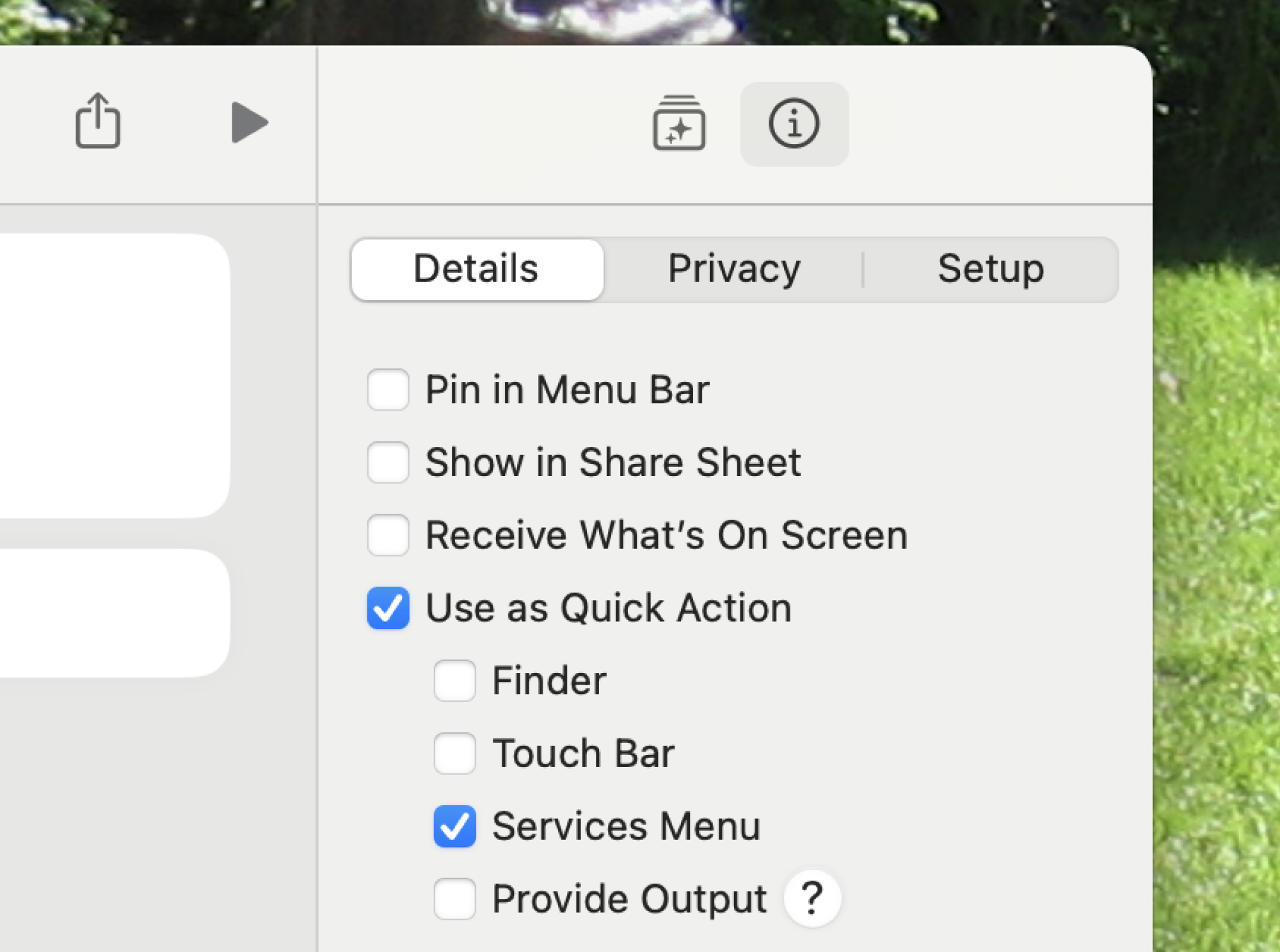 The right-panel of the Apple Shortcuts application, with various options for this specific shortcut. The Use as Quick Action option is checked, as is Services Menu. 