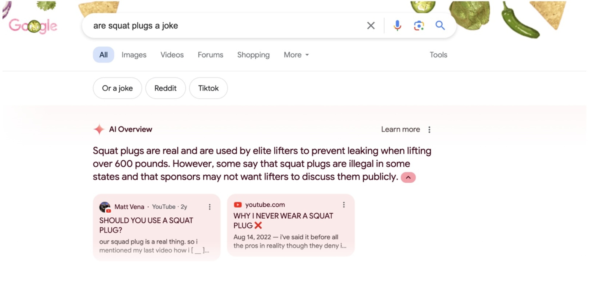 Google Ai screenshot: Are squat plugs a joke? Squat plugs are real and are used by elite lifters to prevent leaking when squatting over 600 pounds...