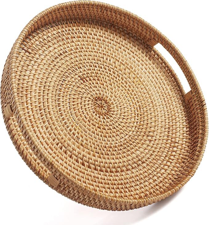 DECRAFTS Round Rattan Serving Tray Decorative Woven Ottoman Trays with Handles for Coffee Table