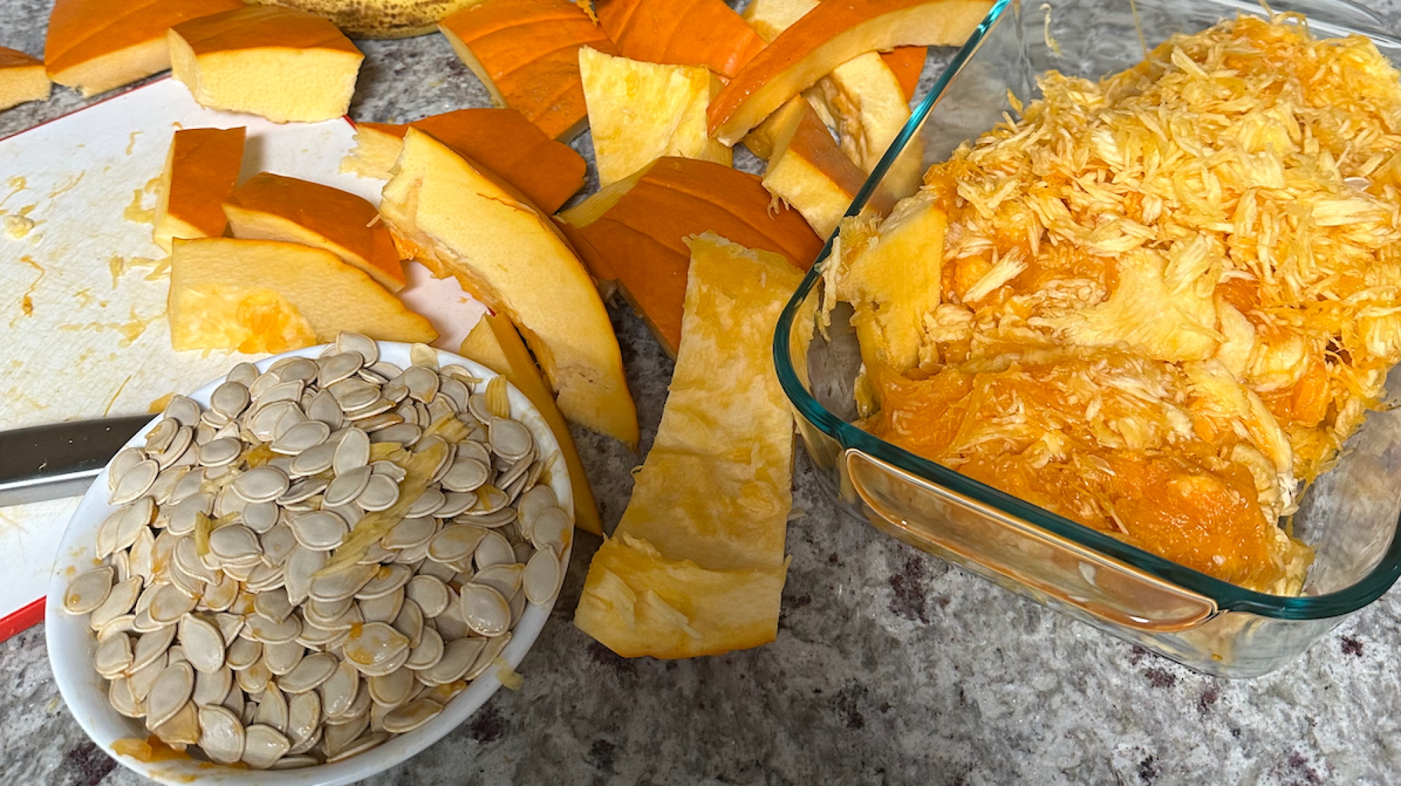 Pumpkin rinds, seeds, and guts.