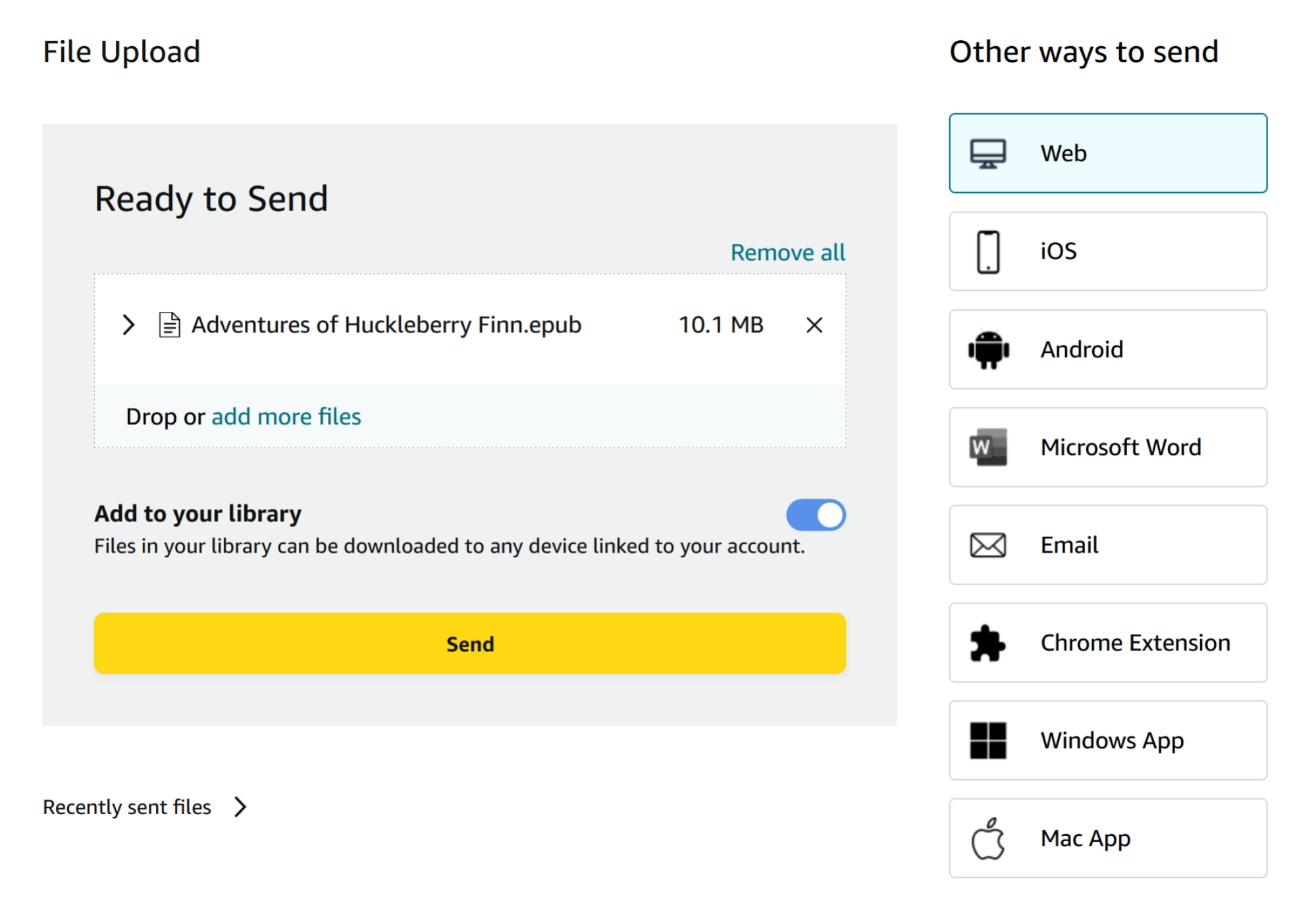 Using the Send to Kindle website to send documents to Kindle wirelessly.