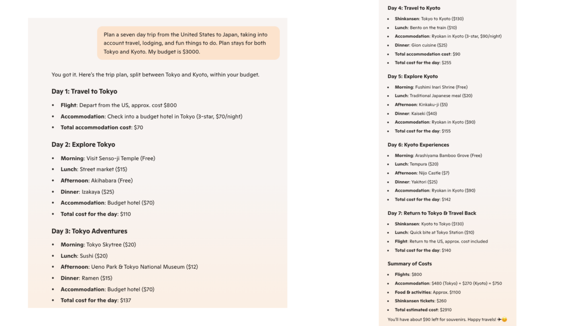 Copilot trip itinerary Japan