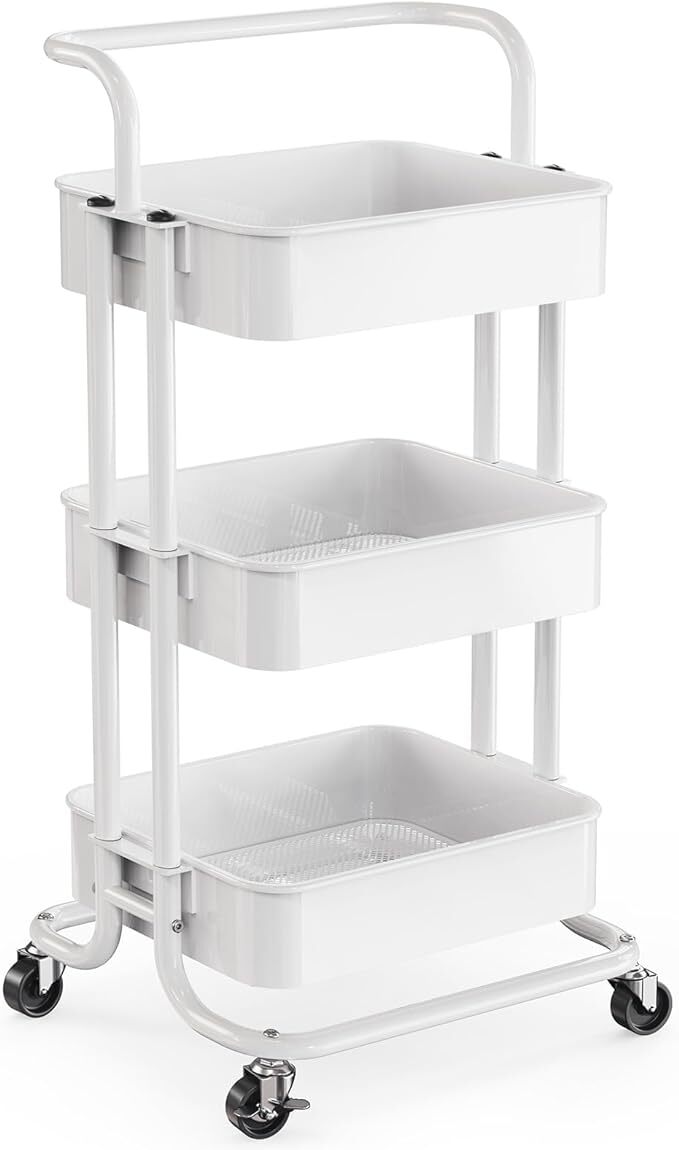 Pipishell 3 Tier Mesh Utility Cart, Rolling Metal Organization Cart with Handle and Lockable Wheels