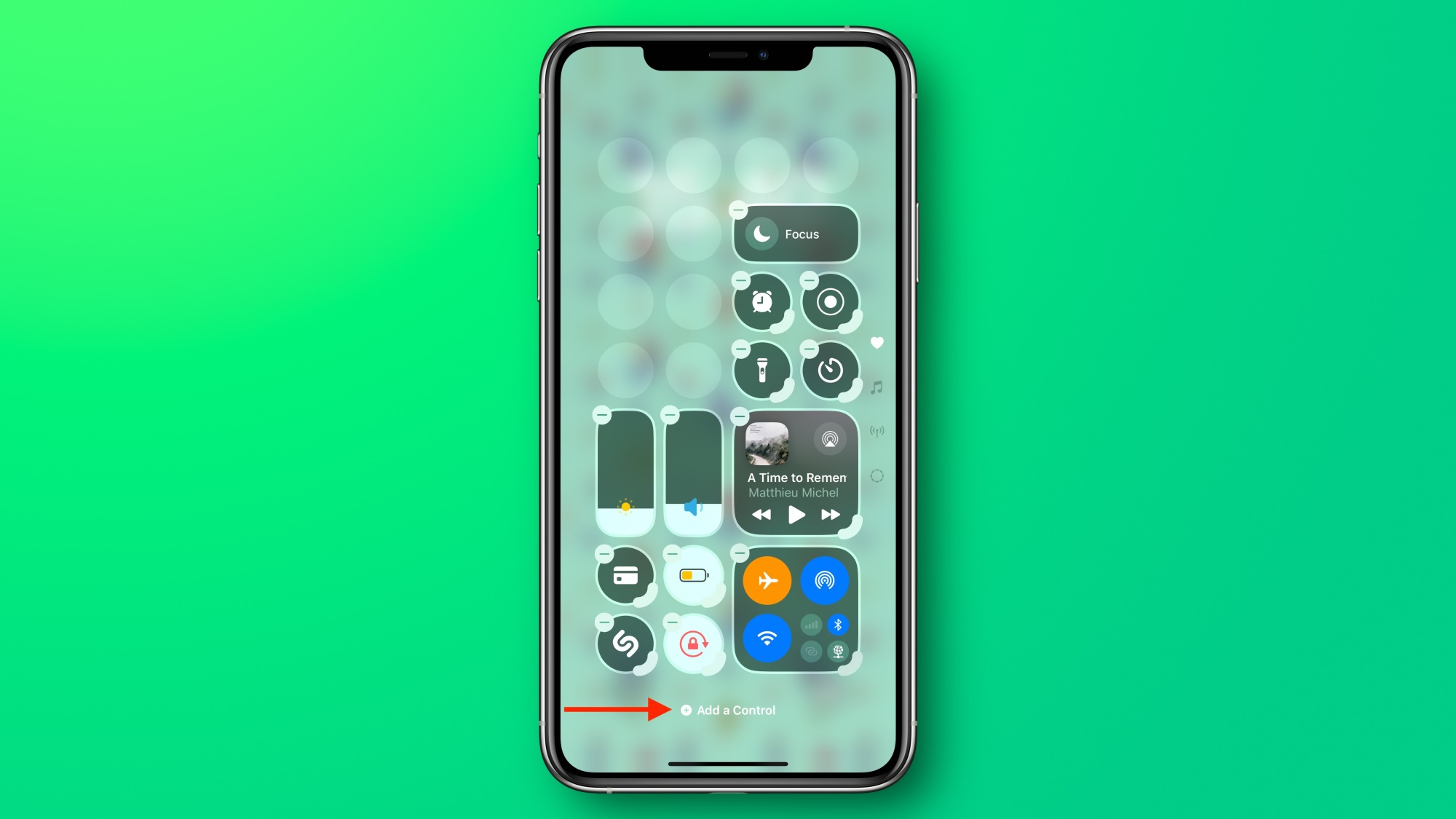 The iOS 18 Control Center with the customize controls options visible on screen.