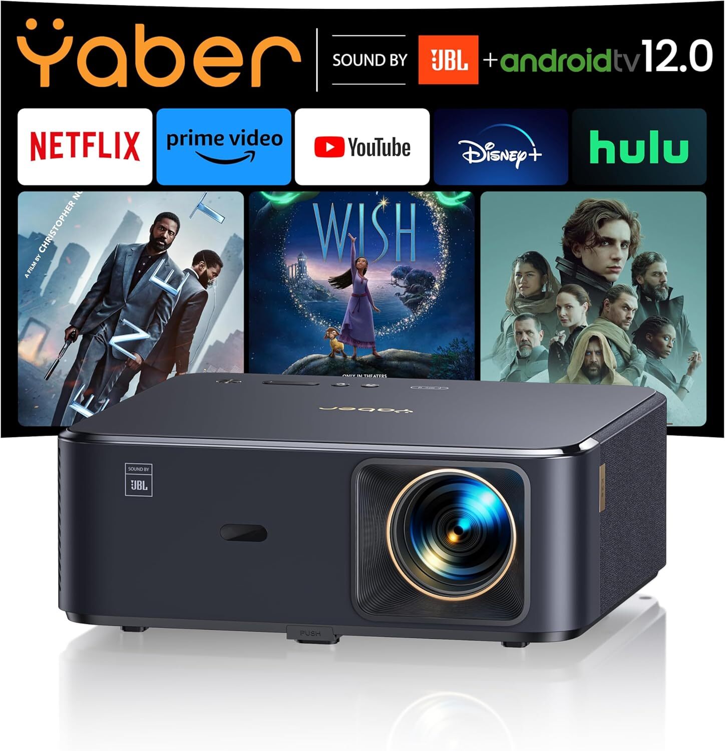 Projector 4K with Android TV, YABER K2s 800 ANSI WiFi 6 Bluetooth Projector, Sound by JBL, Dolby Audio, Auto Focus & Keystone, Native 1080P 4K Supported...