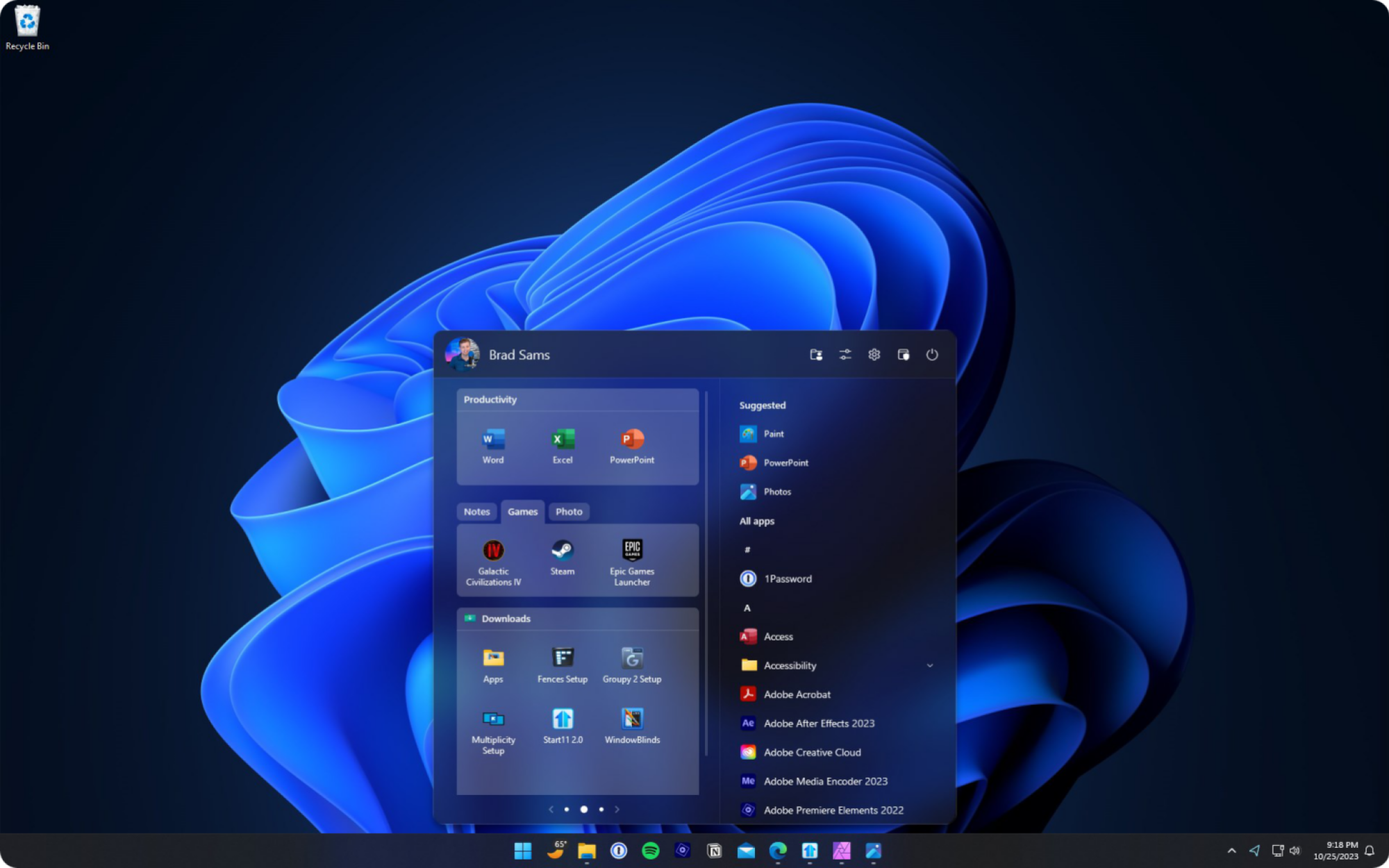 Start11's customized Start menu.