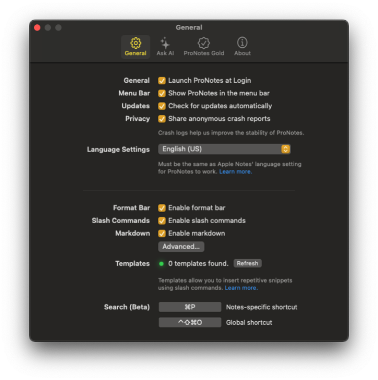 The ProNotes settings menu.